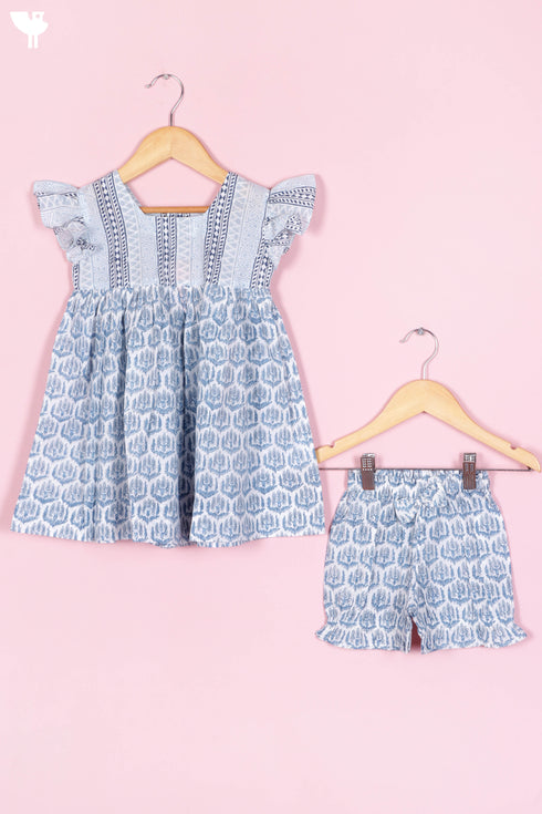 Cotton Frock & Shorts Set In Block Print
